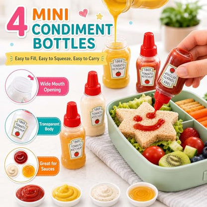 Set of 49 Lunch Box Accessories, Includes 18 Silicone Lunch Box Dividers Cupcake Liners, 4 Mini Ketchup Bottle Condiment Squeeze Bottles Sauce Containers for Bento Box, 27 Food Picks Fruit Toothpicks
