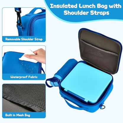 Kids Bento Lunch Box with 8oz Soup Thermo, Water Bottle, Kids Leakproof Lunch Food Containers with 4 Compartment, Insulated Hot Food Jar with Lunch Bag for School, Trvael (Blue) - color: Blue