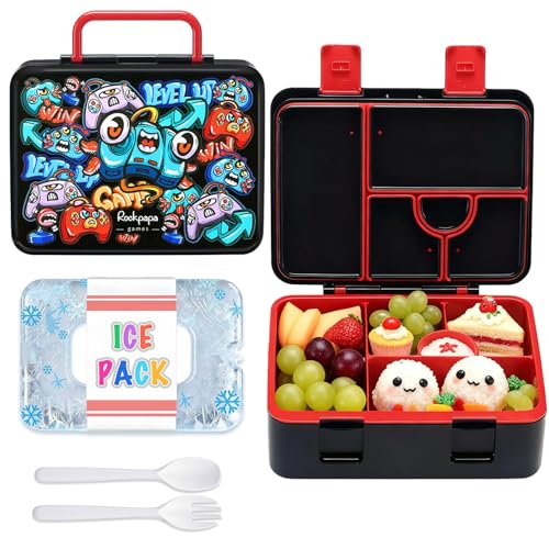 rockpapa Chill Bento Box for Kids- Large 5.5 Cups Lunch Box with Ice Pack - 5 Compartments, BPA-Free, Leak Proof, with Utensils & Portable Handle, Microwave/Dishwasher Safe (Black Games) - color: Black Games
