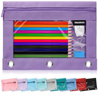 SPACEMATE Binder Pencil Pouch Case Box Bag for 3 Ring Binder School Supplies Girls Boys Kids, Clear Preppy Stuff Large Aesthetic Pen Organizer, Back to College Stationary, 1 Pack, Purple - color: Purple