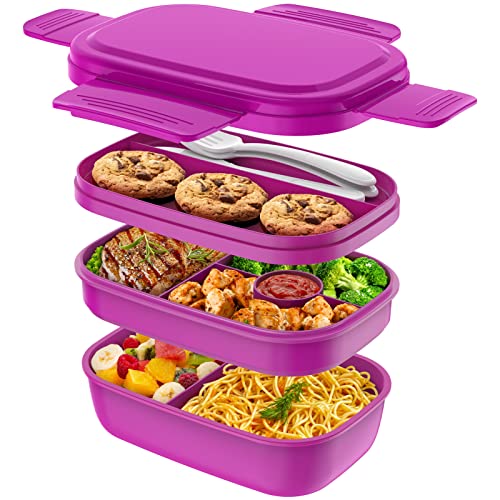 Modern Adult Lunch Box, Stackable Lunch Containers, Minimalist Design Bento Box with Utensil Set - Leak-Proof for Dining Out, Work, School, Picnic - color: Purple