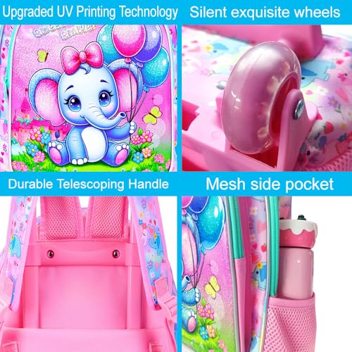 CCJPX 3PCS Rolling Backpack for Girls,Kids Backpacks with Roller Wheels and Lunch Box, Wheeled Bookbag for Toddler Elementary School - color: Pink Elephant