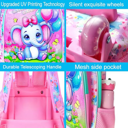 CCJPX 3PCS Rolling Backpack for Girls,Kids Backpacks with Roller Wheels and Lunch Box, Wheeled Bookbag for Toddler Elementary School - color: Pink Elephant