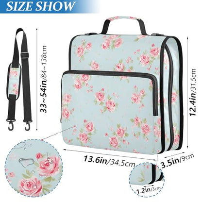 3 Ring Zipper Binder with Shoulder Strap Handle Shabby Chic Rose Vintage Portfolio File Organizer Bag School Office 500 Sheets Capacity 1.5 inch Ring