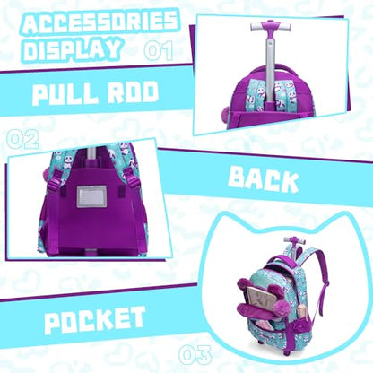 Meetbelify Rolling Backpack for Girls Backpacks with Wheels for Elementary Preschool Students Kids 3 in 1 Travel Luggage Carry on Suitcase with Lunch Box Pencil Case for Girls Age 8-10 - color: Blue Purple