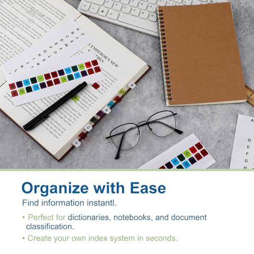 A-Z 26 Alphabet Tabs Self Adhesive White and Coloful Letters Tab Sticky Small Alphabetical A-Z Page Index Tab, 260 PCS Alphabet Tabs for Notebooks Filing Dictionary Files