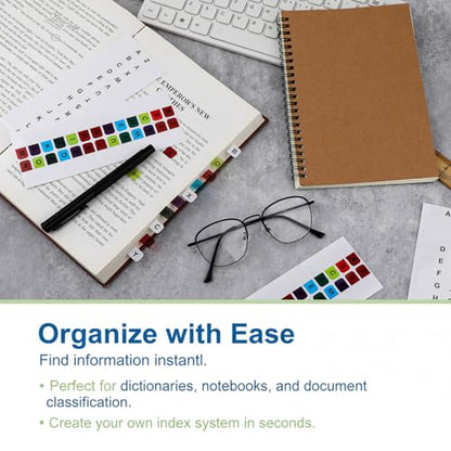 A-Z 26 Alphabet Tabs Self Adhesive White and Coloful Letters Tab Sticky Small Alphabetical A-Z Page Index Tab, 260 PCS Alphabet Tabs for Notebooks Filing Dictionary Files