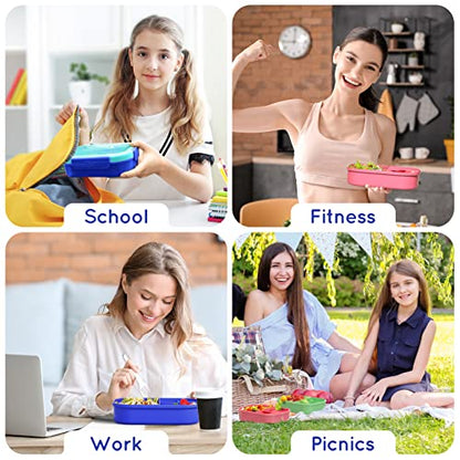 Kids Bento Lunch Box Leakproof Lunch Box with 4 Compartments Lunch Containers with Tableware Kids Bento School Lunch Boxes with Container 44oz, Microwave Dishwasher Freezer Safe (Blue) - color: Blue