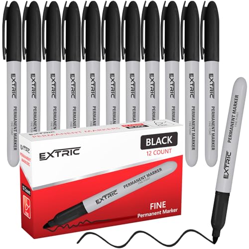 EXTRIC Permanent Markers Black, 12 Count Fine Point Markers, Quick Drying, Works on wood, Paper, Plastic, Metal and Glass, for Home, Office and School use - color: Black, size: 12 Count (Pack of 1)