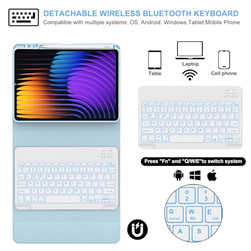 IVEOPPE Keyboard Case for Xiaomi Pad 8/8 Pro/Pad 7/7 Pro 11.2 Inch Backlit | 7 Color Backlit, Magnetic Detachable Wireless Bluetooth Keyboard, Pencil Holder, Stain Resistant Cover, Rechargeable - color: Sky Blue2