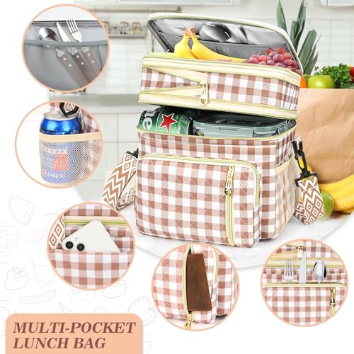 LOKASS Lunch Box for Women-16L-Insulated Lunch Bag Women, Expandable Double-layer Leakproof Cooler Bag with Upgrade Adjustable Shoulder Strap Ideal for Work/Travel/Picnics（Brown&White Check） - color: Brown&White Check