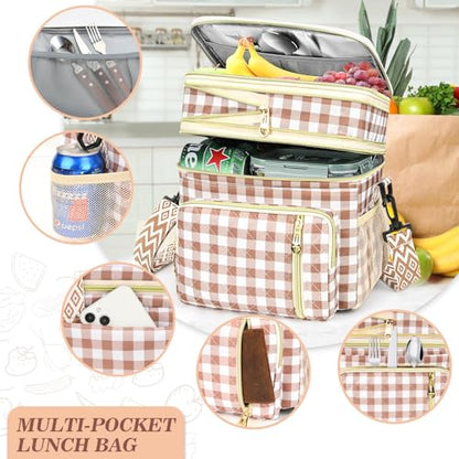 LOKASS Lunch Box for Women-16L-Insulated Lunch Bag Women, Expandable Double-layer Leakproof Cooler Bag with Upgrade Adjustable Shoulder Strap Ideal for Work/Travel/Picnics（Brown&White Check） - color: Brown&White Check