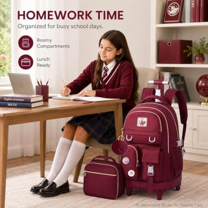 WZLVO Rolling Backpack for Girls Women, 21 inch Roller Wheels Backpacks for School, Water Resistant Wheeled Bookbag with Lunch Box - Red - color: Red
