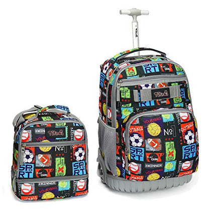 Tilami Rolling Backpack 19 inch with Lunch Bag Wheeled Laptop Backpack, Sport Balls - color: Sport Balls Black