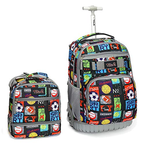 Tilami Rolling Backpack 19 inch with Lunch Bag Wheeled Laptop Backpack, Sport Balls - color: Sport Balls Black