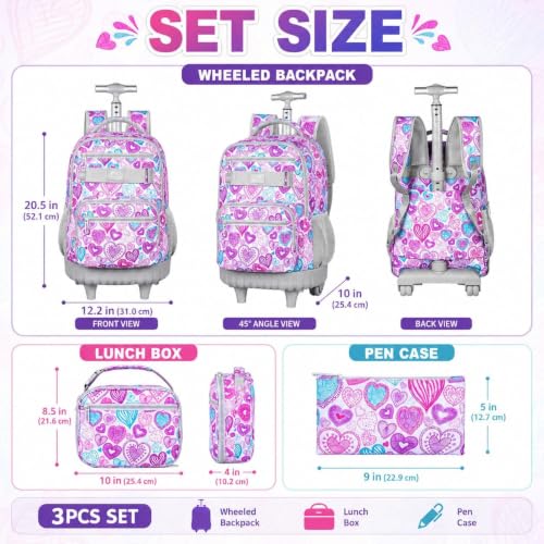 3Pcs Rolling Backpack for Girls Women, Travel Roller Backpacks with Wheels for Adults, Teens College Love Wheeled Bookbag with Lunch Box(Ash Powder) - color: Love Grey