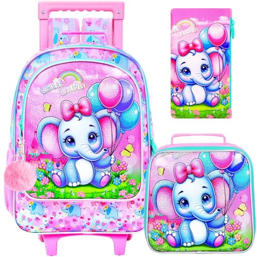 CCJPX 3PCS Rolling Backpack for Girls,Kids Backpacks with Roller Wheels and Lunch Box, Wheeled Bookbag for Toddler Elementary School - color: Pink Elephant