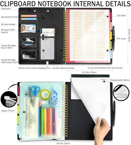 Foldable Spiral Clipboard Folio with Storage Zipper Pouch, 5 Plastic Folders with Pockets,Refillable Lined Notepad (8.5" x 11"), Hardcover Project Organizer with 36 Stickers，Weeds - color: Weeds