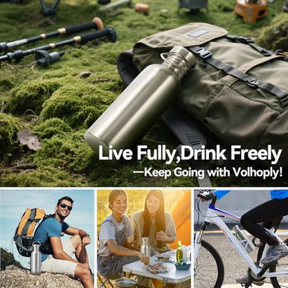 Volhoply 32oz Uninsulated Single Walled Water Bottle 4 Pack, Stainless Steel Reusable Water Bottles with Handle, BPA Free & Plastic Free 18/8 304 Metal Water Bottles for Camping, Hikers, Cyclists - size: 32 Ounces