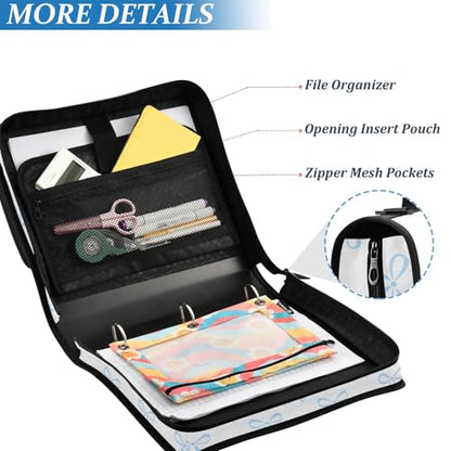 Zipper Binder Bag 3 Ring File Folder Portfolio Organizer Zippered Binder Bags with Strap Fits Laptop Women Men - color: Multi-blue Bow White