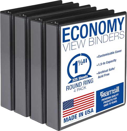 Samsill 1.5 Inch 3 Ring Binders, Made in USA, Economy Round Ring, Clear View Cover, 325 Sheet Capacity - for School, Home, Office - Black, 4 Pack - size: 4-Pack, style: 1.5 Inch