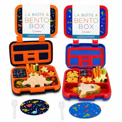 kinsho Bento Lunch Boxes for Boys Toddlers, 5 Portion Sections Secure Lid, Snack Container, Microwave Safe BPA Free Removable Plastic Tray, Pre-School Kid Daycare Lunches, 2 Pack Dinosaur + Rocket - color: Blue Orange & Red