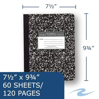 ROARING SPRING Hard Cover Composition Notebook, 6 Pack, Black Marble Comp Book, 9.75″ x 7.5″, Wide-Ruled with Margin, 60 Sheets (120 Pages) - size: 9.75" x 7.5", style: 6 Pack - Wide-Ruled - 60 Sheets - Black Marble