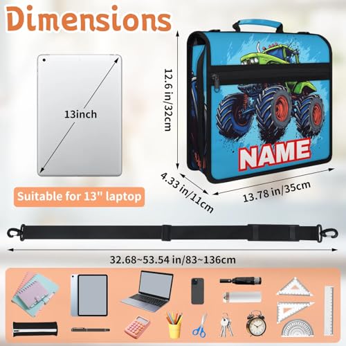 Custom Zipper Binder Green Monster Truck 3 Ring Binder 1.5 Inch Expanding Pockets File Folder Large Capacity Document Organizer Bag with Handle and Strap - color: Multi 4