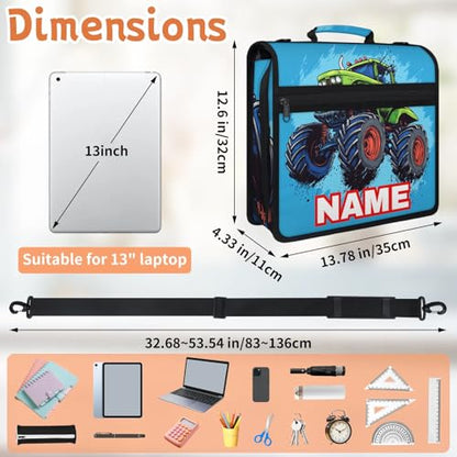 Custom Zipper Binder Green Monster Truck 3 Ring Binder 1.5 Inch Expanding Pockets File Folder Large Capacity Document Organizer Bag with Handle and Strap - color: Multi 4