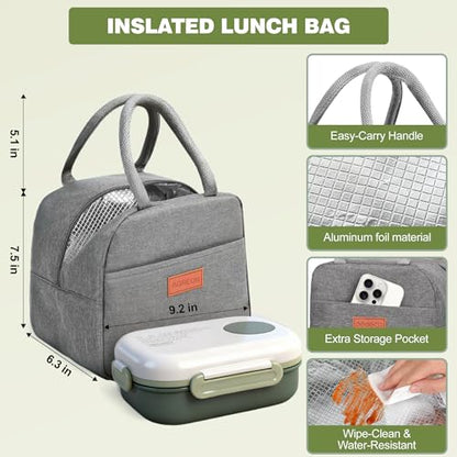 3-Compartment Leak-Proof Bento Box for Kids & Adults, Green | Insulated bag, utensils & sauce container included; BPA-free; Microwave & dishwasher safe; Ideal for school, office & travel. - color: Green
