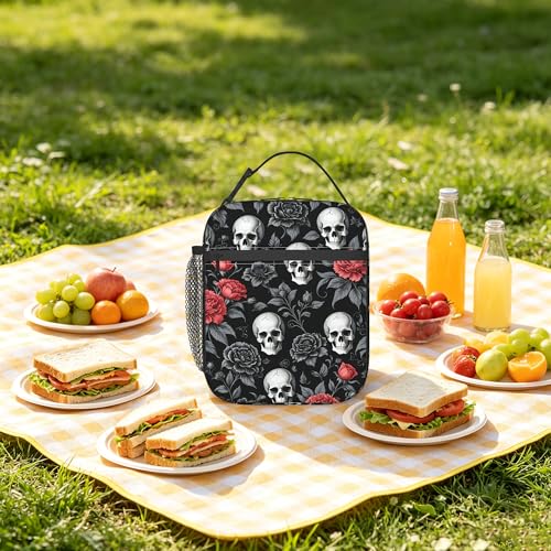 Gothic Skull Roses Kids Lunch Bag Insulated Lunch Box Cooler Freezable Meal Prep Bag with Shoulder Strap Waterproof Lunch Container for Boys Girls School Office Picnic - color: Gothic Skull Roses