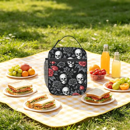 Gothic Skull Roses Kids Lunch Bag Insulated Lunch Box Cooler Freezable Meal Prep Bag with Shoulder Strap Waterproof Lunch Container for Boys Girls School Office Picnic - color: Gothic Skull Roses