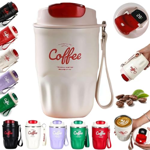 Coffee Vacuum Flask, Portable Coffee Cup with Lid & Handle,Stainless Steel Insulated Water Bottle,Travel Coffee Mug for Hot and Cold Drinks for Home, Office, Outdoor Travel, LED Temperature Display - color: White