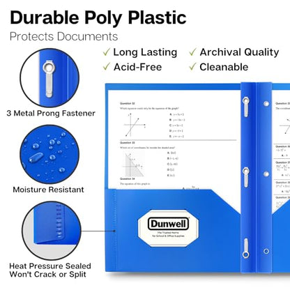 Dunwell Plastic Folders with 3 Prongs, (24 Pack, Blue), 2-Pocket Folders with Fasteners, Durable Acid-Free Poly for Long Term Use, Labels Included - color: Blue, size: 24 Pack