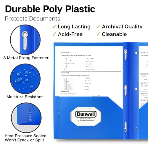 Dunwell Plastic Folders with 3 Prongs, (24 Pack, Blue), 2-Pocket Folders with Fasteners, Durable Acid-Free Poly for Long Term Use, Labels Included - color: Blue, size: 24 Pack