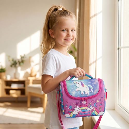 Insulated Lunch Bag for Kids Soft Bag Washable with Strap Reusable Toddler Lunch box School Supplies Food Carrier Snacks Picnic(Multi) - color: Pink