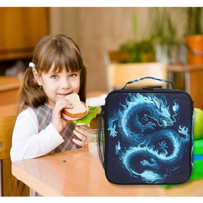 ALAZA Dragon Blue Black Lunch Box Insulated Lunch Bag Kids Cooler Tote Bag Freezable Shoulder Strap Lunchbox for Girls School Picnic - color: Multi889