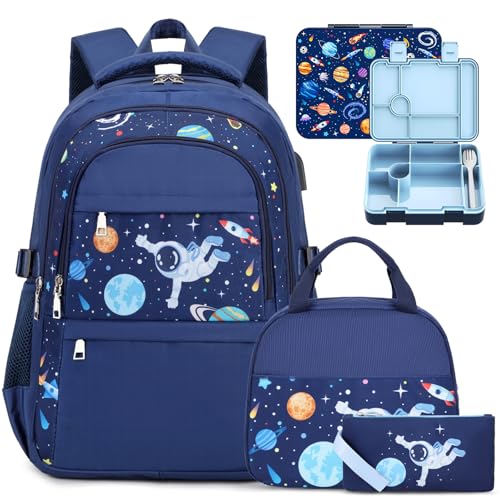 ACESAK Boys Backpack - Astronaut Bento Box with Insulated Lunch Bag Pencil Case & Utensils Set for Kids, 6 Leakproof Compartments Removable Tray Lunches or Snack Container - color: Astronaut