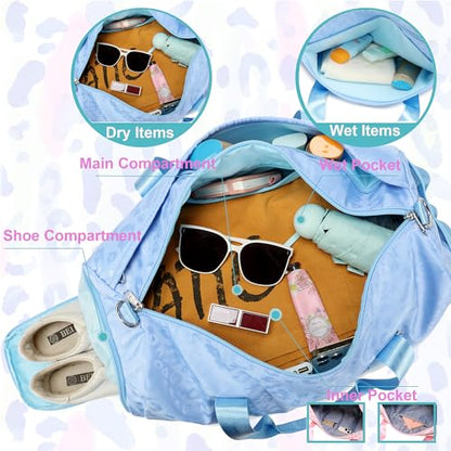 Jumpopack Dance Bag for Girls Duffle Bag Girls Overnight Bags Sleepover Gym Gymnastics Bags with Shoe Compartment and Wet Pocket,Leopard Shape - color: Leopard Blue