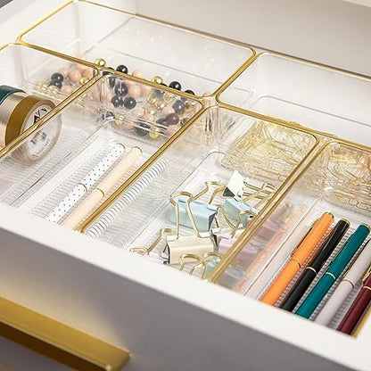 Martha Stewart Kerry Plastic Stackable Office Desk Drawer Organizers, 6" x 3", 6 Pack, with Gold Trim - size: 6" x 3"