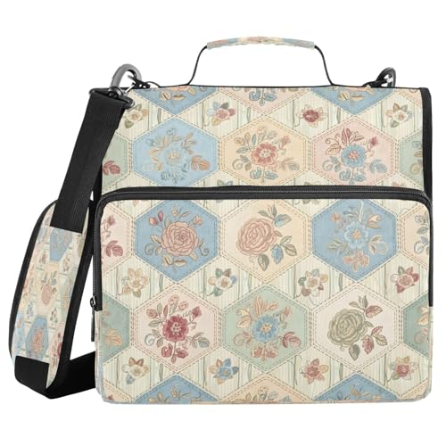 Hexagonal Floral Quilt 3 Ring Zipper Binder with Shoulder Strap, Waterproof Nylon Binder Bag, 2 Inch D-Rings 800 Sheet Capacity Opens Flat File Organizer for School Office Supplies