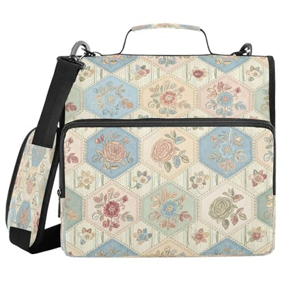Hexagonal Floral Quilt 3 Ring Zipper Binder with Shoulder Strap, Waterproof Nylon Binder Bag, 2 Inch D-Rings 800 Sheet Capacity Opens Flat File Organizer for School Office Supplies