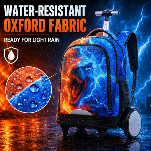 gxtvo Large Wheels & Quiet Glide | Rolling Backpack for Kids - Water-Resistant Wheeled Bag with Lunch Box for School, Travel & Outings - Fire & Lightning Dinosaur - color: Rolling Backpack Fire Lightning Dinosaur