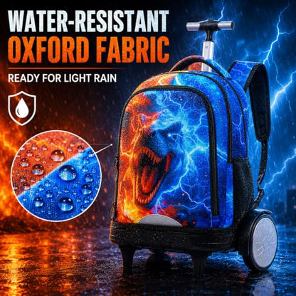 gxtvo Large Wheels & Quiet Glide | Rolling Backpack for Kids - Water-Resistant Wheeled Bag with Lunch Box for School, Travel & Outings - Fire & Lightning Dinosaur - color: Rolling Backpack Fire Lightning Dinosaur