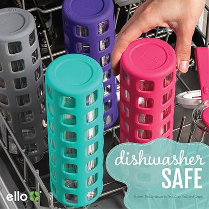 Ello Syndicate 20oz Reusable Glass Water Bottle with One-Touch Leak Proof Flip Lid, Protective Non-Slip Silicone Sleeve, Carry Loop for Coffee, Tea and Water, BPA-free, Dishwasher Safe, Celeste - color: Celeste