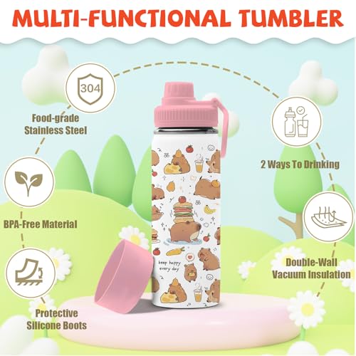 Capybara Gifts for Kids - 18oz Capybara Water Bottle with Straw Lid, Kids Stainless Steel Insulated Water Bottle, Leak Proof, BPA-Free, Animals Cup for School, Travel, Birthday Gift Cup for Teens - color: Capybara
