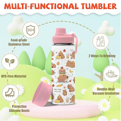 Capybara Gifts for Kids - 18oz Capybara Water Bottle with Straw Lid, Kids Stainless Steel Insulated Water Bottle, Leak Proof, BPA-Free, Animals Cup for School, Travel, Birthday Gift Cup for Teens - color: Capybara