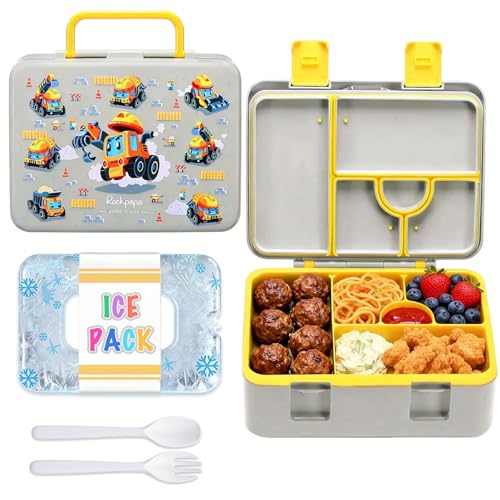 rockpapa Chill Bento Box for Kids- Large 5.5 Cups Lunch Box with Ice Pack - 5 Compartments, BPA-Free, Leak Proof, with Utensils & Portable Handle, Microwave/Dishwasher Safe (Grey Constr Trucks) - color: Grey Constr Trucks