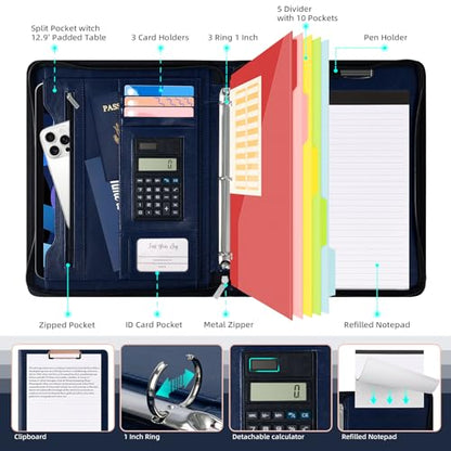 Ospelelf 3 Ring Portfolio Binder with Zipper, Leather Clipboard with Storage, Padfolio Folder for Men, 12.1” Tablet Sleeve, 5 Dividers with Pocket, Refillable Notepad, Card Slot (Navy Bule) - color: Navy Bule
