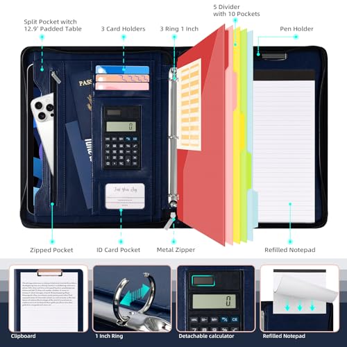 Ospelelf 3 Ring Portfolio Binder with Zipper, Leather Clipboard with Storage, Padfolio Folder for Men, 12.1” Tablet Sleeve, 5 Dividers with Pocket, Refillable Notepad, Card Slot (Navy Bule) - color: Navy Bule